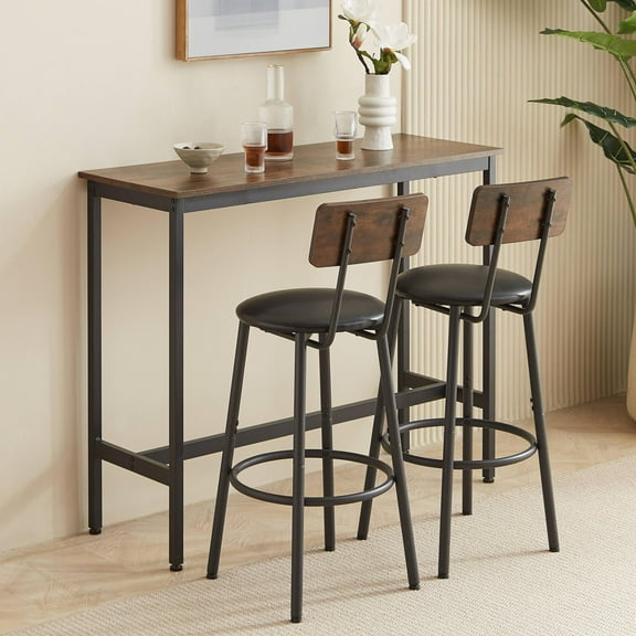 Llinc Store Bar Table Set With 2 Barstools Pu Soft Seat With Backrest, Against The Wall Dining Table Set, Rustic Brown, 43.31" L X 15.75" W X 35.43" H
