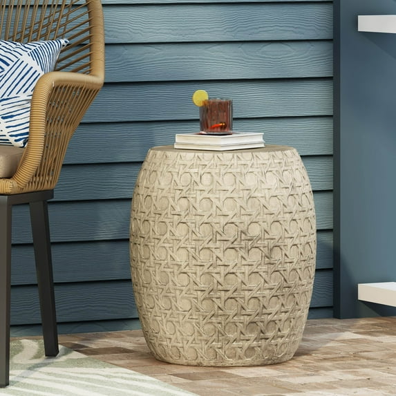 Llinc Store Barrel Structure Distressed Side Table, Wicker Pattern Minimalist Outdoor End Table for Patio or Backyard