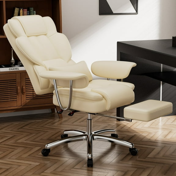 Llinc Store Big and Tall Office Chair with Footrest, Leather Computer Executive Chair, Ergonomic High Back Reclining Chair, Large Home Beige Office Chair