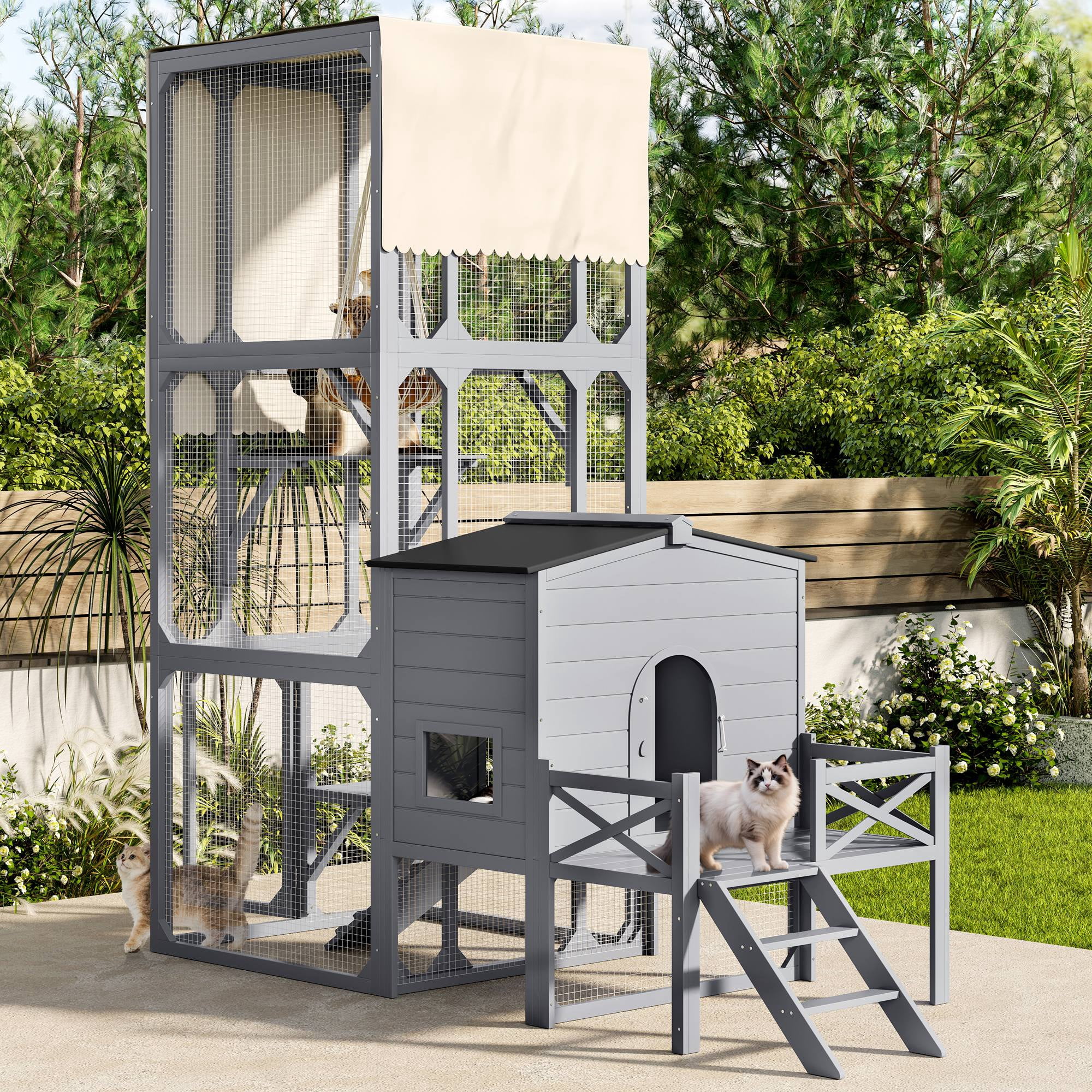 Llinc Store Catio Cat House Outdoor Large Cat Enclosure, Wooden Cat Cage Outdoor with Jumping Platforms and Cat Swing, Removable Waterproof Cover, UV Resistant, 2 Combination, Gray