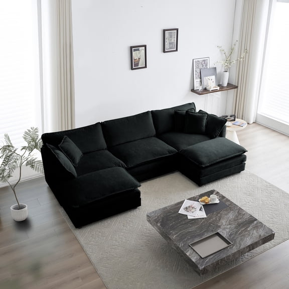 Llinc Store Chenille 3-Seater Modular Sofa with Footrest, 3 Seater L-Shaped Daybed Sectional Couch with 2 Ottoman, Day Bed for Living Room, Black