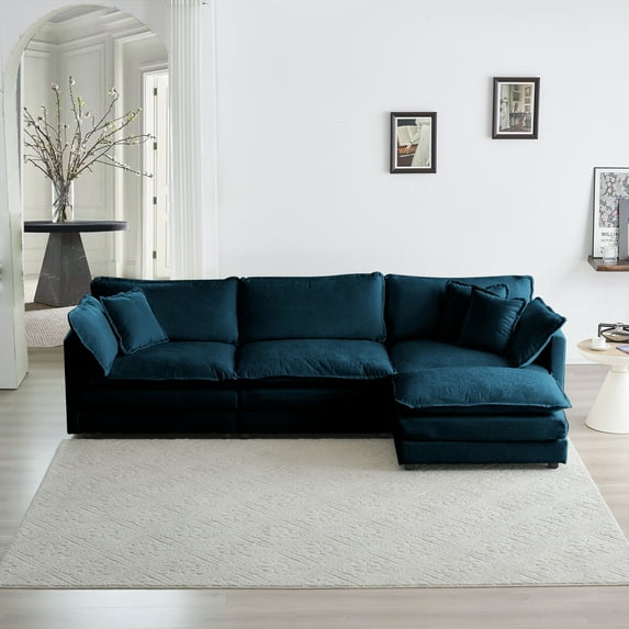 Llinc Store Chenille 3-Seater Modular Sofa with Footrest, 3 Seater L-Shaped Sectional Couch with 1 Ottoman for Living Room, Blue