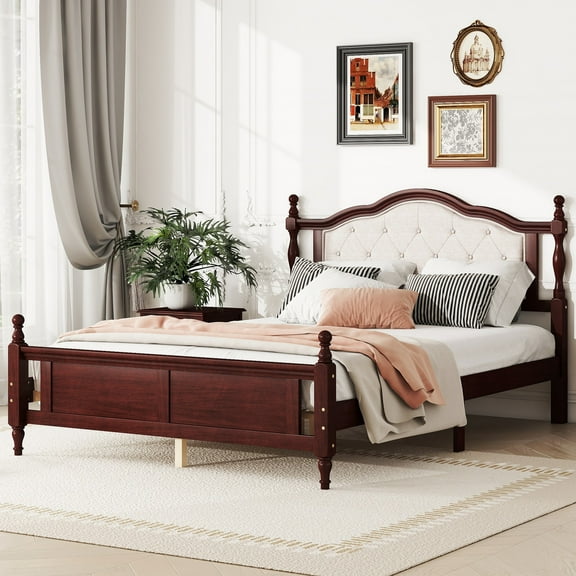 Llinc Store Classic Wooden Bed Queen Size with Upholstered Headboard And Panel Footboard, with Two Bed Rail Support Feet And Central Platform Support Feet (Cherry)