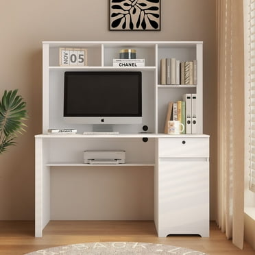 Llinc Store Computer Desk with Hutch & Bookshelf,Wood Executive Desk Teens Student Desk with 3 AC Outlets and 2 USB Charging Ports,Study Laptop Table for Home, White
