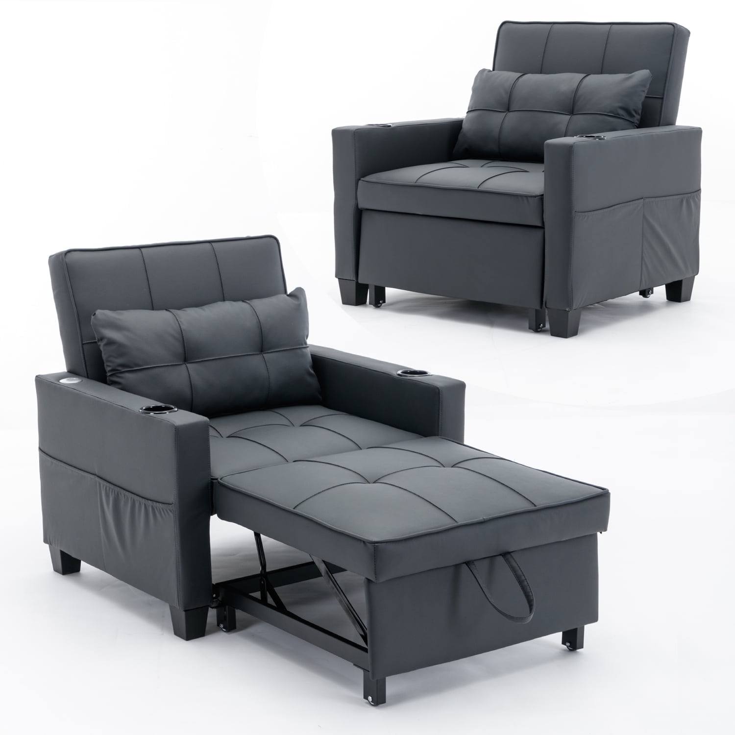 Llinc Store Convertible Single Couch Leather Bed Chair 3-in-1 Pull-out Sleeper Sofa Beds with USB Ports, Anti-scratch, Armchair Bed Sleeper for Living Room, Black