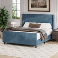 thumbnail image 1 of Llinc Store Corduroy Upholstered Queen Bed Frame with Vertical Stripe Wingback 50.7'' Height Headboard And High Footboard No Box Spring Needed, Blue, 1 of 7