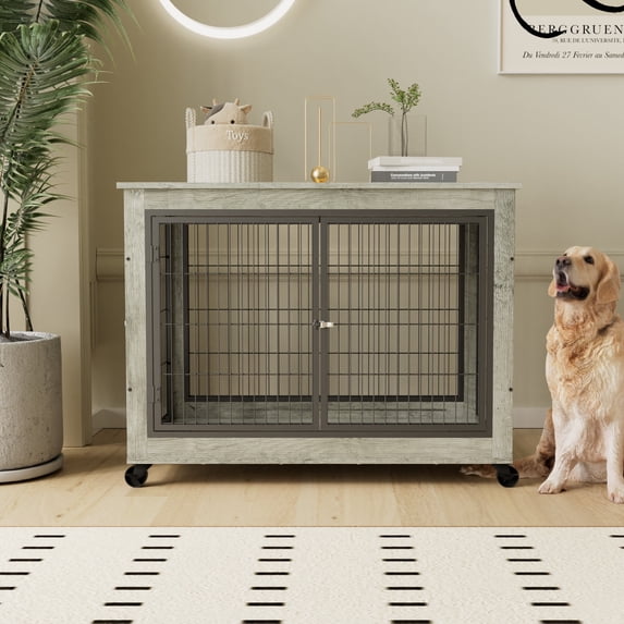 Llinc Store Dog Crate With Side Table, 3-Way Opening Dog Kennel Side Table On Wheels With Double Doors And Lift Top 43.7" W x 30" D x 31.1" H, Grey