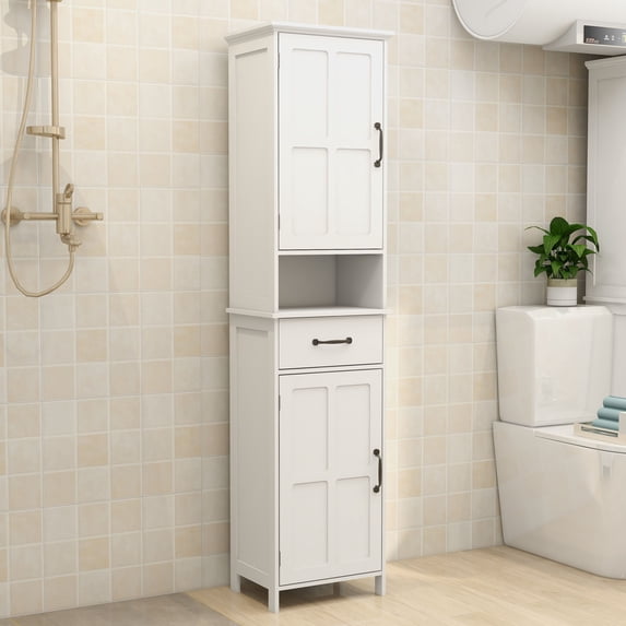 Llinc Store Double Door Bathroom Storage Narrow Height Slim Floor Standing Towel Cabinet