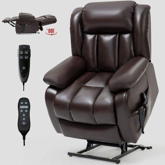 Llinc Store Dual Motor Infinite Position Lift Chair, Up to 350 LBS Electric Medium Size Genuine Leather Power Lift Recliner Chair with 8-Point Vibration Massage and Lumbar Heating, Brown