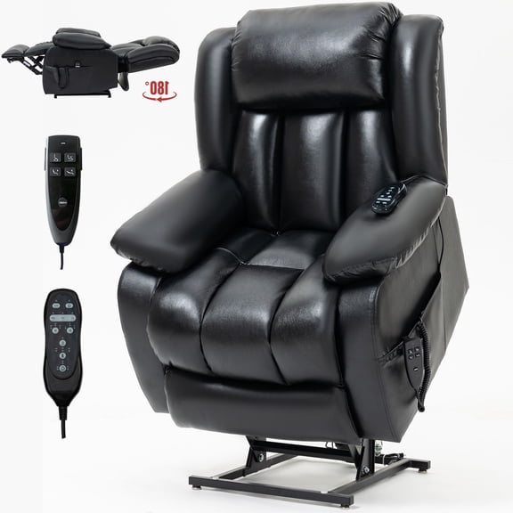 Llinc Store Dual Motor Infinite Position Lift Chair, Up to 350 LBS Electric Medium Size Genuine Leather Power Lift Recliner Chair with 8-Point Vibration Massage and Lumbar Heating, Black