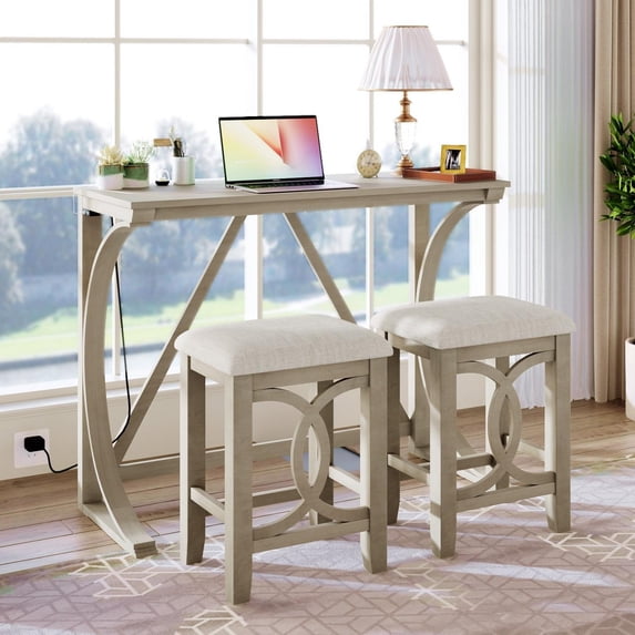 Llinc Store Farmhouse 3-Piece Counter Height Dining Table Set with USB Port and Upholstered Stools Cream