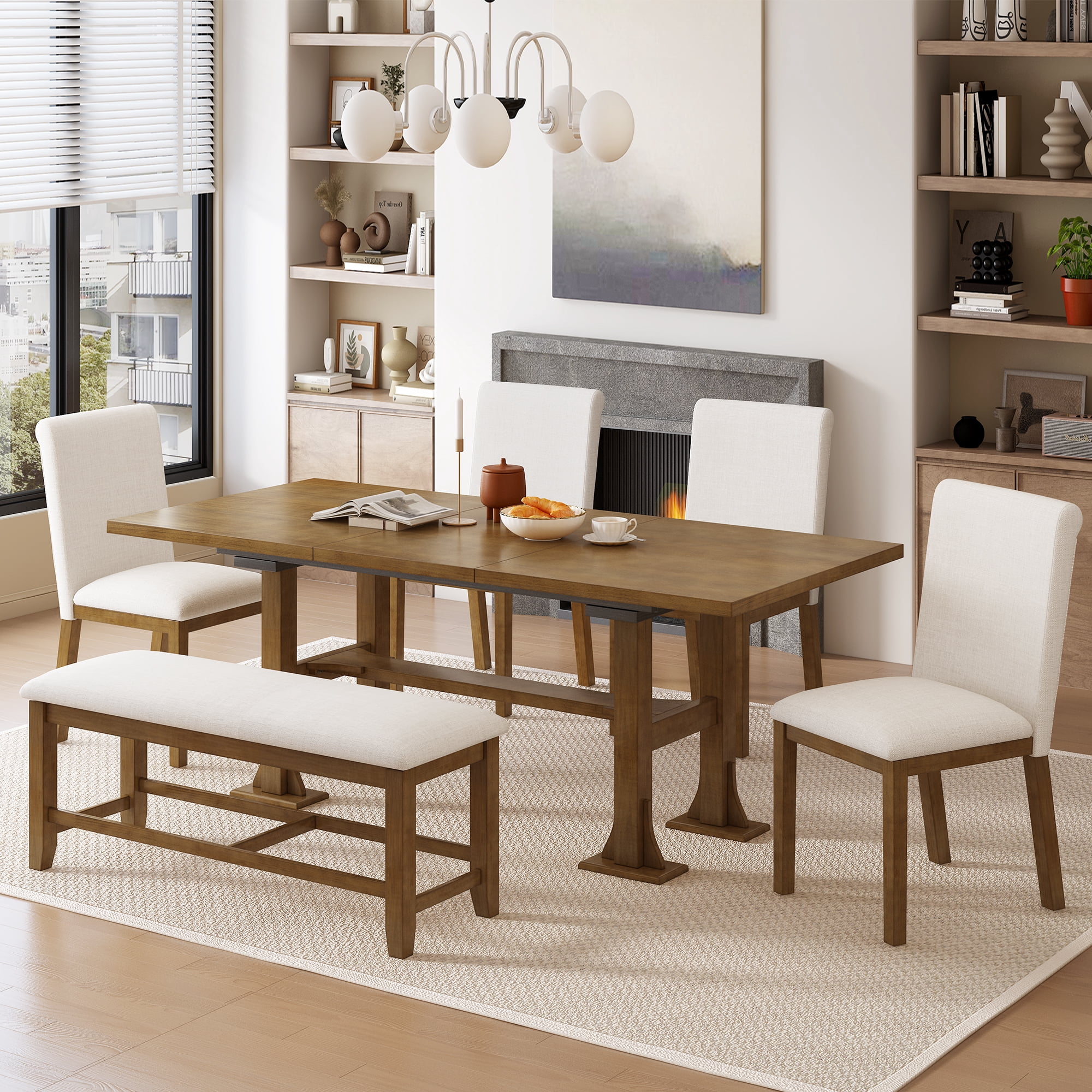 Llinc Store Farmhouse 76inch 6-Piece Extendable Dining Table Set ...