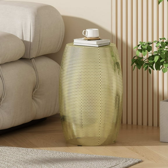 Llinc Store Golden Metal Hollow Round Accent Side Table, Drum Shape End Table dor Livingroom, 18" Tall Side Table