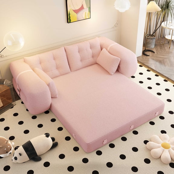 Llinc Store Human Dog Bed, Floor Sofa Couch, 78.7" Multi-Functional Folding Sofa Bed, 3-in-1 Teddy Fabric Foam-Filled Sleeper Pink Couch for Living Room, Guest Bed, Playroom
