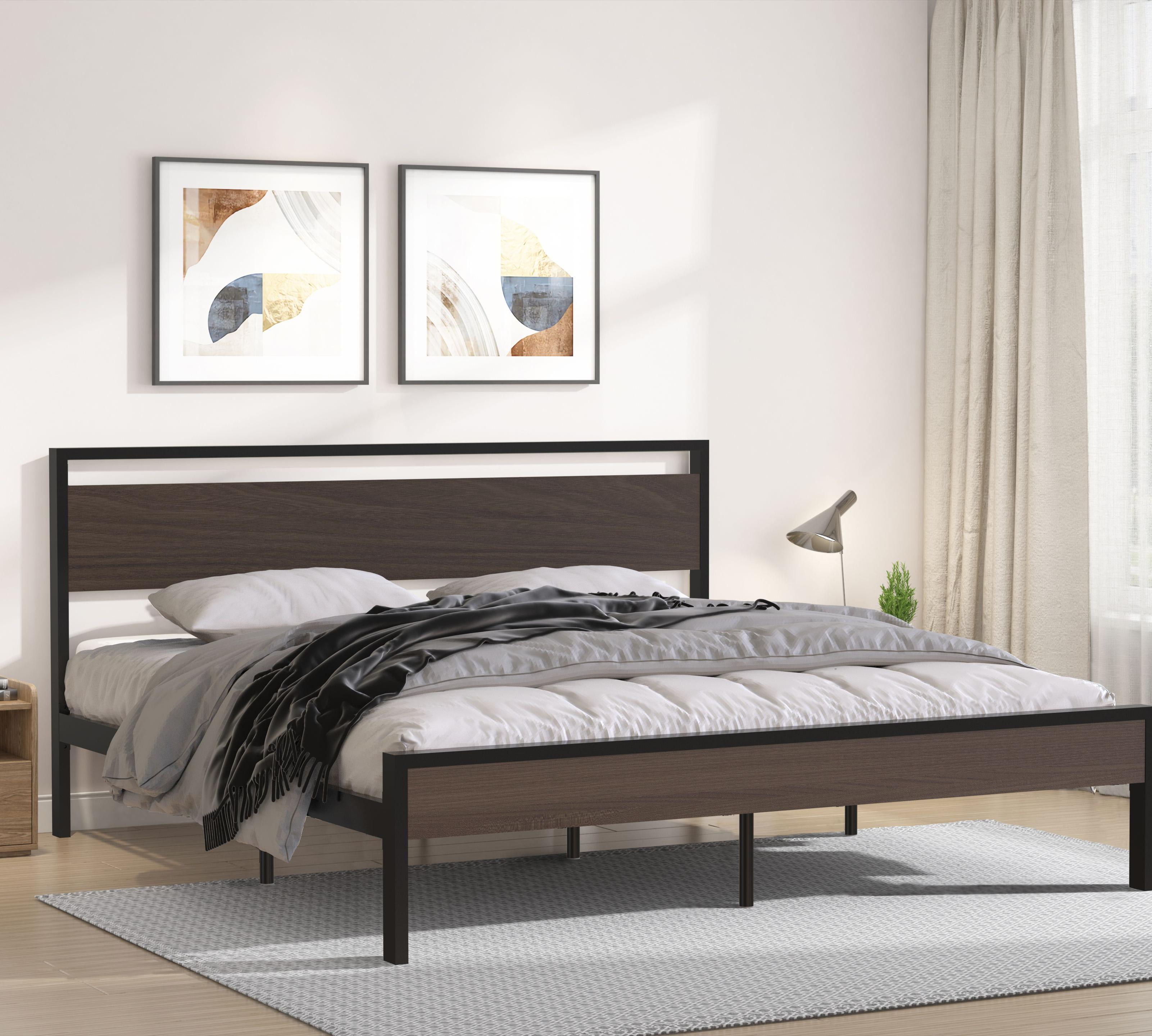 Llinc Store King Size Metal Bed Frame Black with Walnut wood Headboard ...