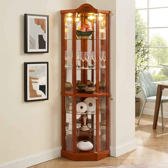 Llinc Store Lighted Glass Cabinet Lighted Corner Cabinet Corner Display Curio Cabinet, Wine Cabinet with Adjustable Glass Shelves Carved Decoration, Oak