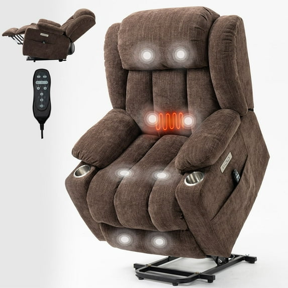 Llinc Store Massage Chair Up to 350 LBS Chenille Power Lift Recliner Chair with 8-Point Vibration Massage and Lumbar Heating, USB and Type-C Ports, Stainless Steel Cup Holders, Brown
