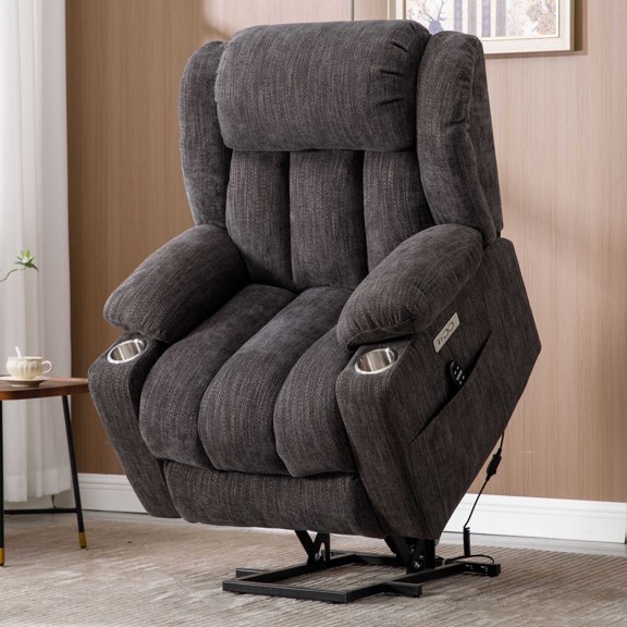 Llinc Store Massage Chair Up to 350 LBS Chenille Power Lift Recliner Chair with 8-Point Vibration Massage and Lumbar Heating, USB and Type-C Ports, Stainless Steel Cup Holders, Gray