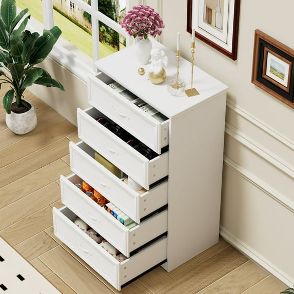 Llinc Store Modern 5 Tier Bedroom Chest Dresser with Drawers, Clothes Organizer -Metal Pulls White, 25.2″L x 15.8″W x 43.5″H