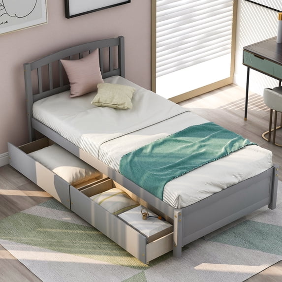 Llinc Store Modern Farmhouse Twin Platform Storage Wood Bed Frame with 2 Drawers and Headboard, Gray