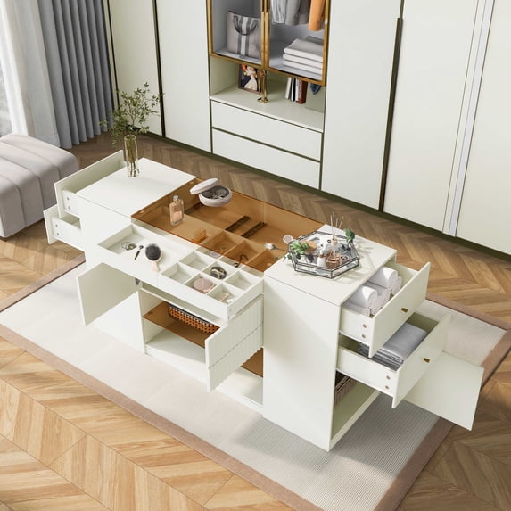 Llinc Store Modern Luxury Multi-Functional Island Vanity Dresser And Storage Cabinet with Glass Tabletop, Display Shelf,6 Drawers for Walk-In-Wardrobe And Bedroom