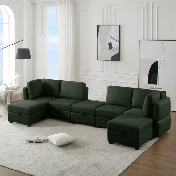 Llinc Store Modular Convertible U-shaped Sectional Sofa Couch with Storage Ottoman Sectional Sofa Couch for Living Room, Adjustable Arms and Backs, Green
