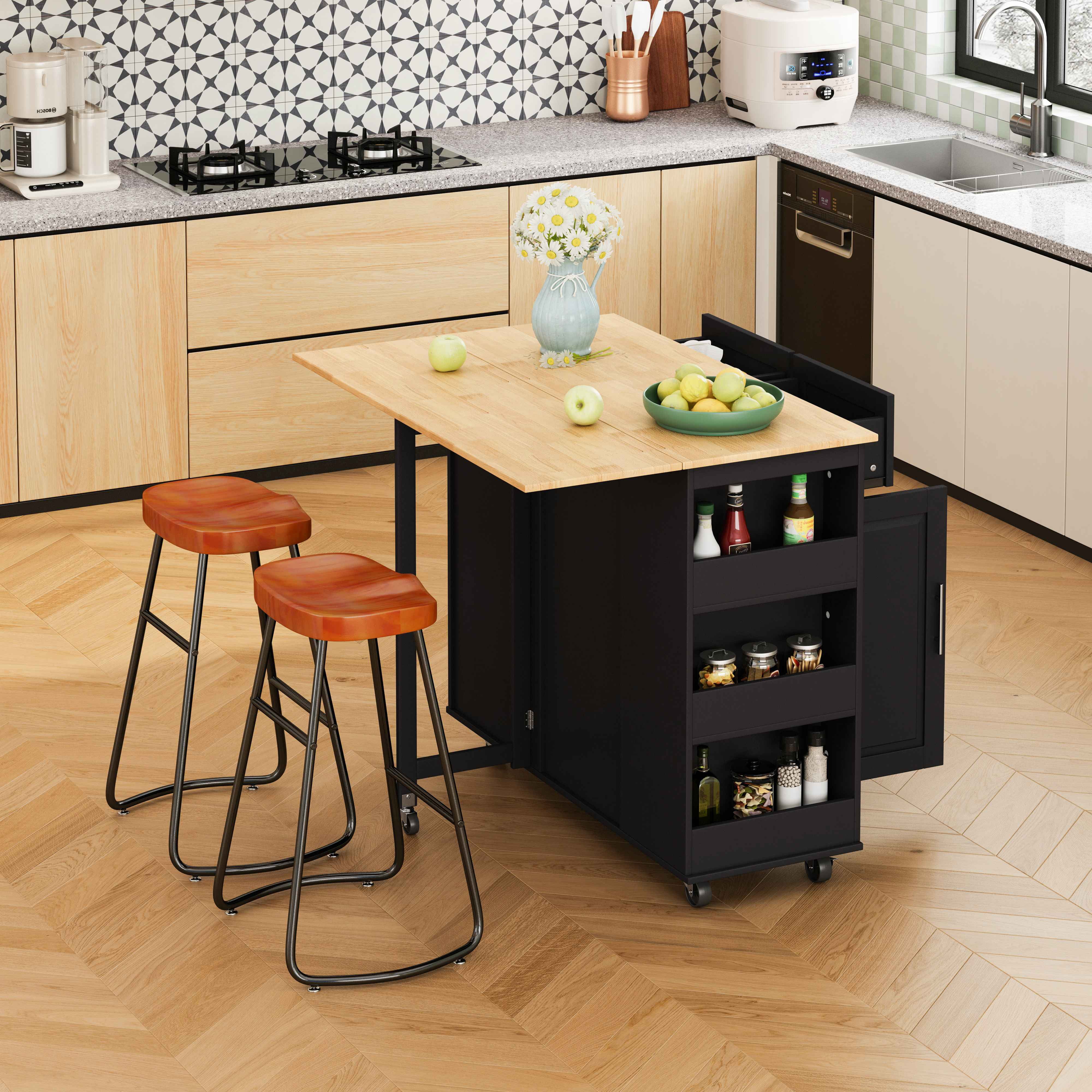 Llinc Store Multi-Functional Kitchen Island Cart with Stylish and Minimalist Bar Stools ...