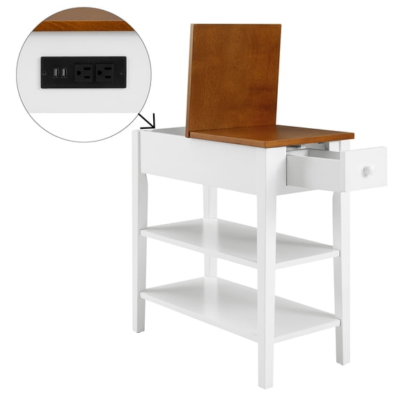 Llinc Store Narrow 2-Tone End Table with USB Charging Ports for Small Space, Solid Wood Table Legs, White And Walnut, 11.8"W*24"D*24.2"H