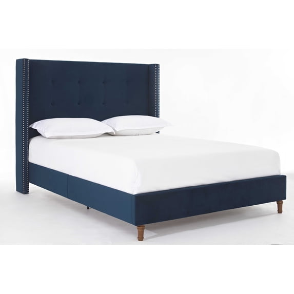 Llinc Store Queen Size Bed Upholstered 54" High Headboard Solid Wood Bed Legs, No Box Spring Needed Easy Assembly, Blue Velvet