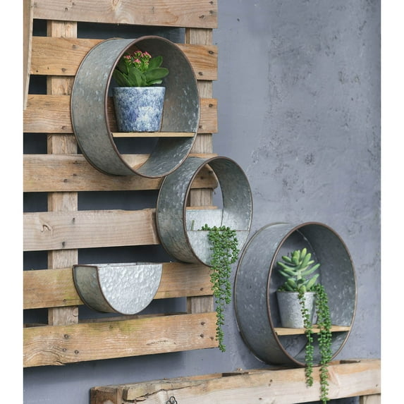 Llinc Store Round Galvanized Metal 5 Planters Mirror & Wood Shelves Vertical & Wall Planters Farmhouse Collection, Gray