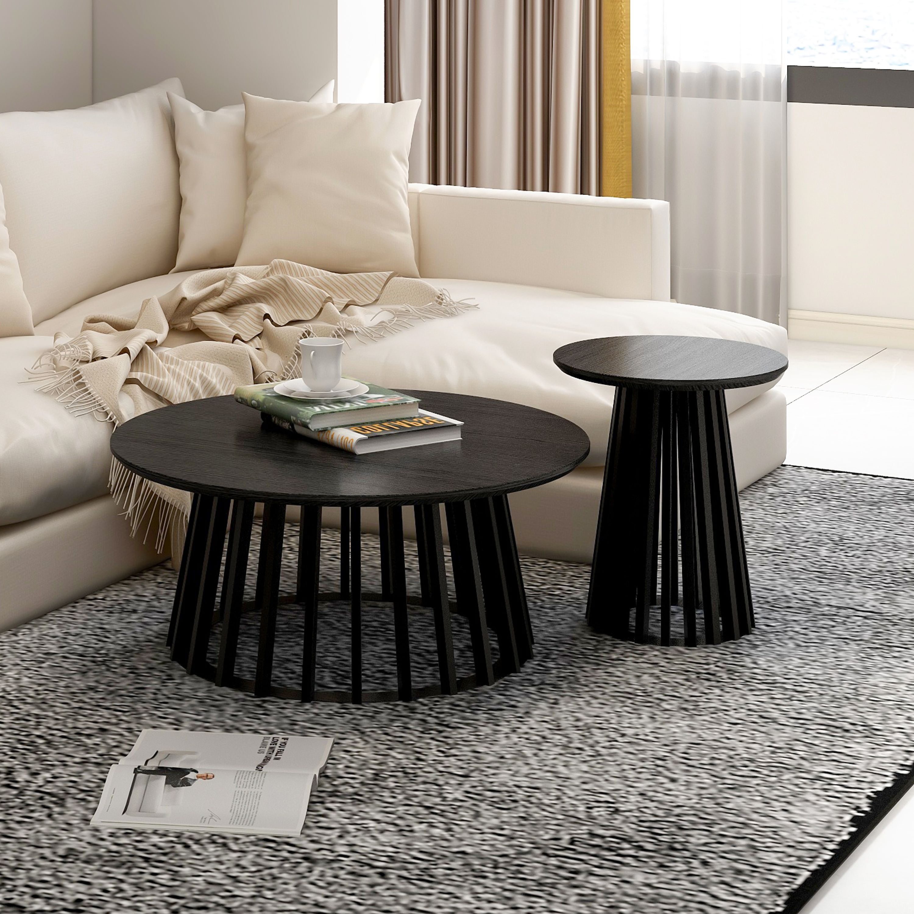 Black Round Pine Wood Coffee Table Set with Grille Base