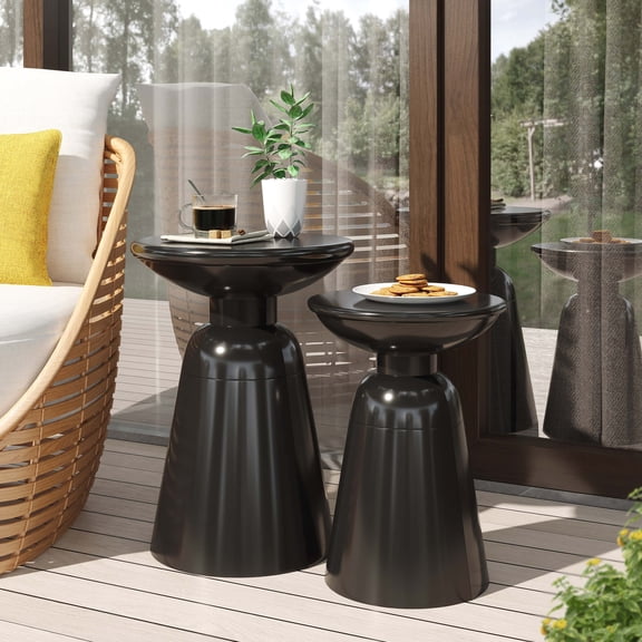 Llinc Store Set of 2 Outdoor Iron Side Tables Minimalist End Table with Flared Design, Black