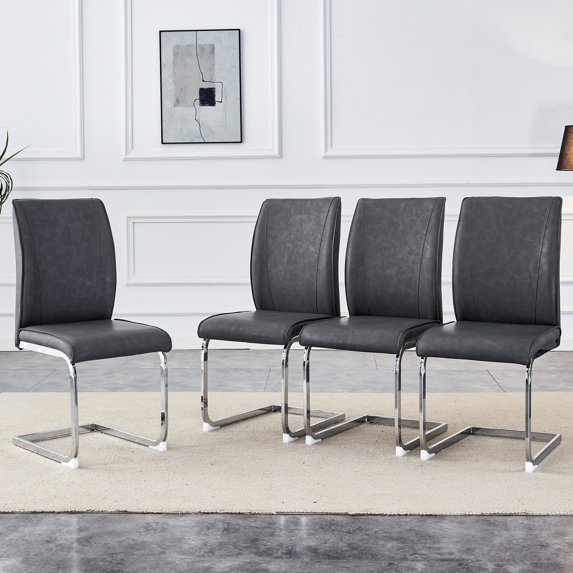 Llinc Store Set of 4 Dark Gray PU Simple Arch Dining Chair High Resilience Chairs with Arched Metal Silver Leg