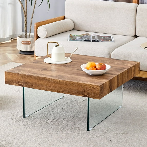 Llinc Store Square MDF Faux Wood Coffee Table with Tempered Glass Legs, Natural Wood Colored for Living Room - 31.5" x 31.5"