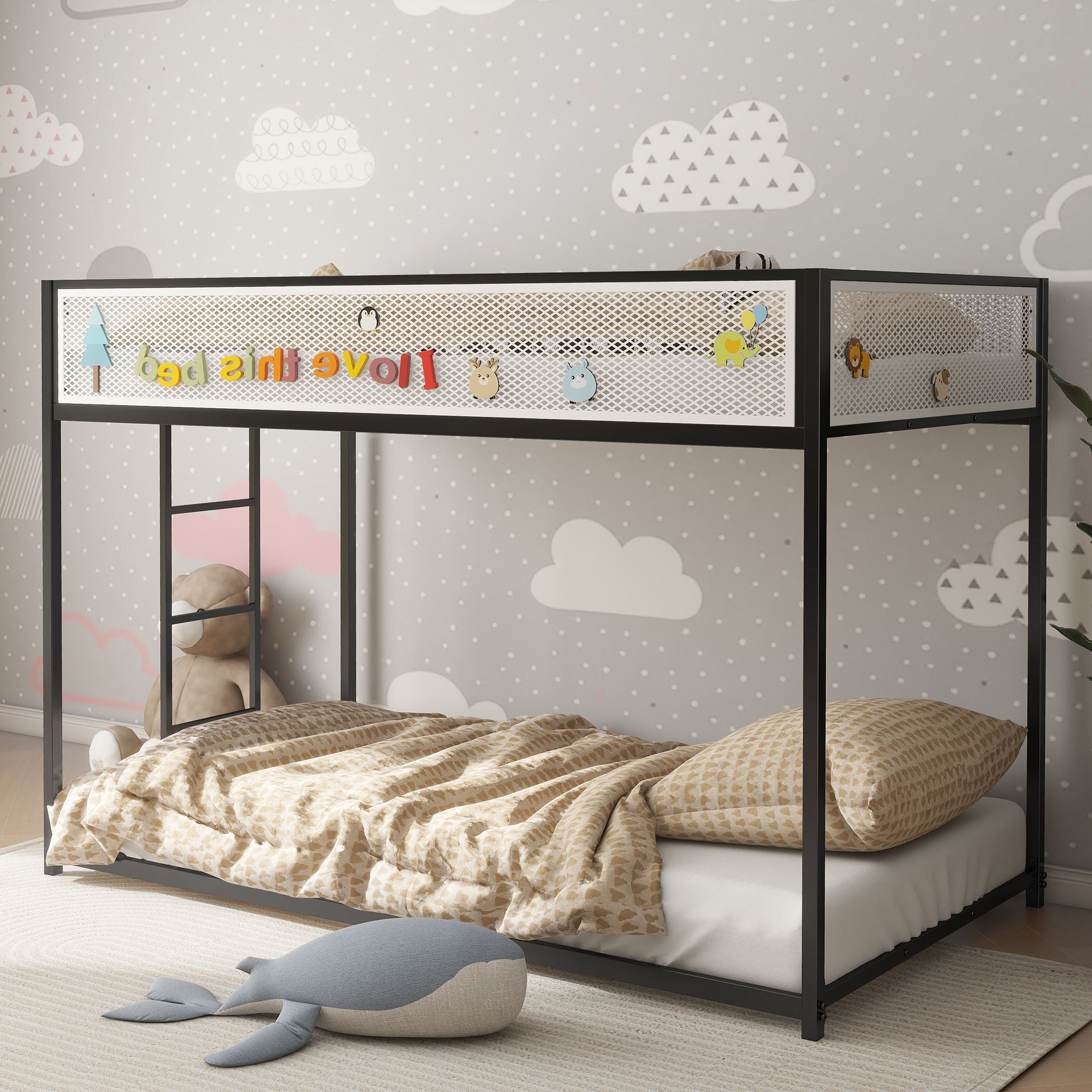 Llinc Store Twin Bunk Black Easy Assembly Metal Bunk Bed with White Mesh Guard Rail