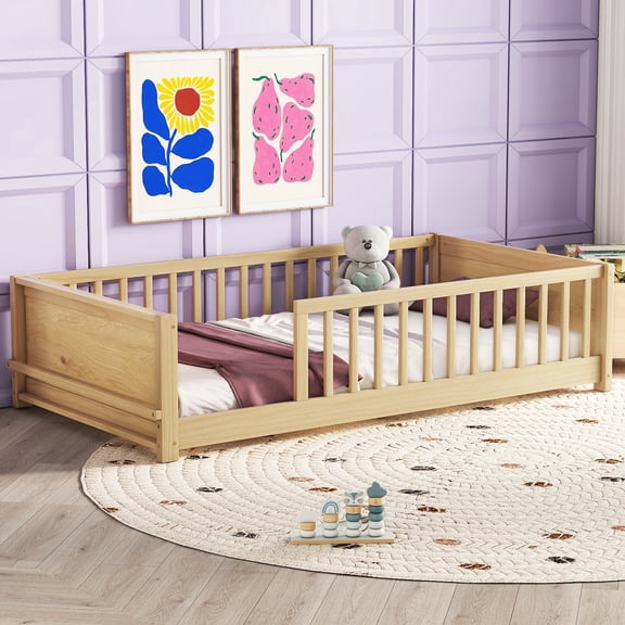Llinc Store Twin-Size Bed with Headboard And Footboard Floor Platform Bed with Built-In Book Storage Rack(Natural,Without Door)