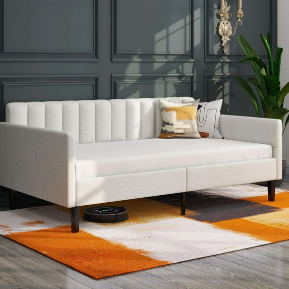 Llinc Store Twin Size Daybed Ivory Boucle Upholstered Day Bed Ribbed Tufted Backrest Lavish Modern Design(Mattress Not Included)