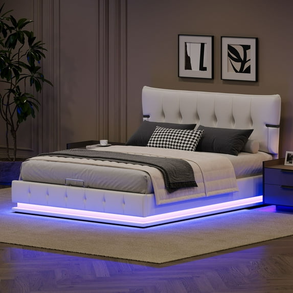 Llinc Store Upholstered Platform Queen Size Hydraulic Storage Bed, Lift Up Storage Bed with Rgb Led Light, Pu Leather Headboard And Footboard, No Box Spring Needed, White
