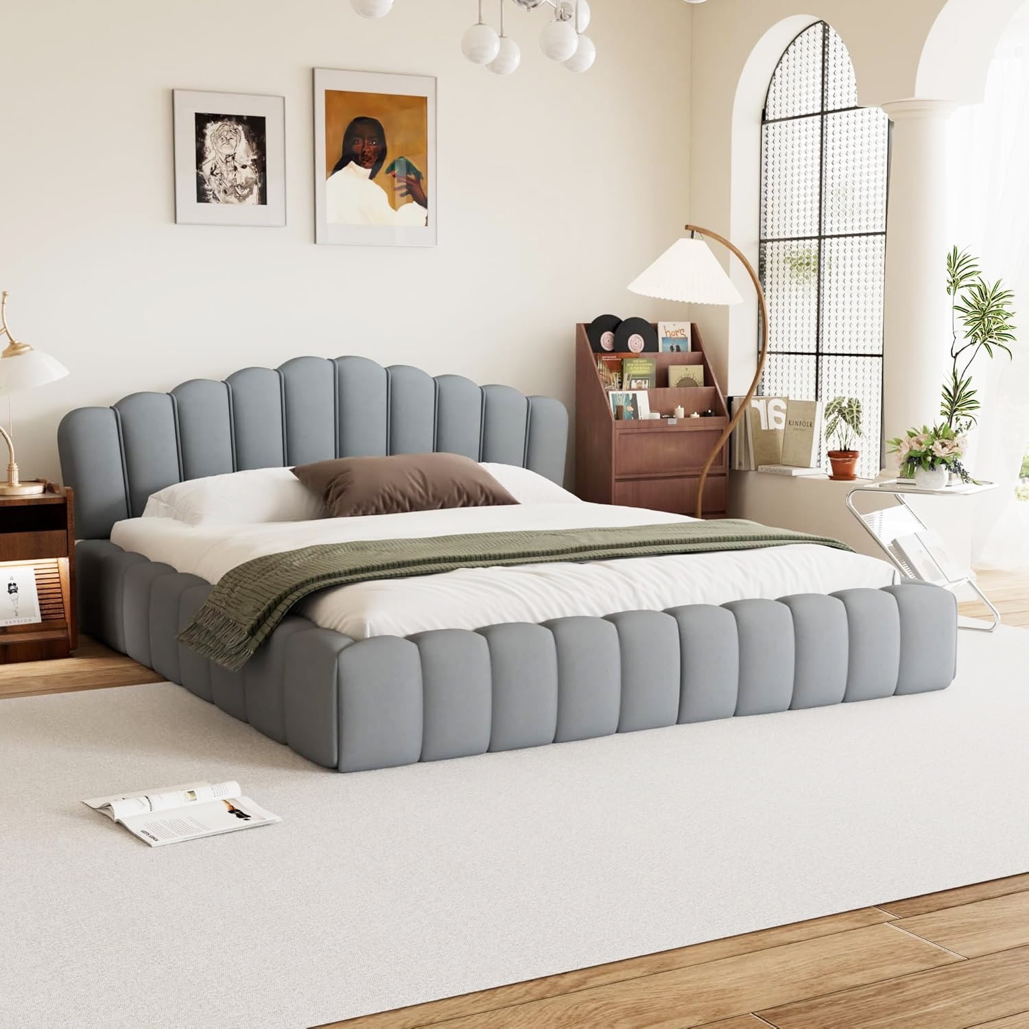 Shell Bed Board Llinc Store Velvet Upholstered Queen Bed Floor Bed Frame Shell-Shaped ...