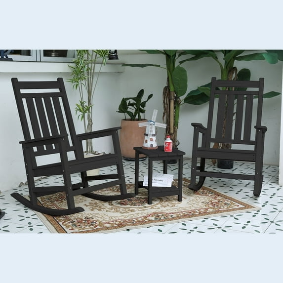 Llinc Store All Weather Rocking Chair Set with Side Table, 3-Piece Sillas Para Patio Exterior Set with Wood-Texture (Includes 2 Rocking Chairs and 1 Table)