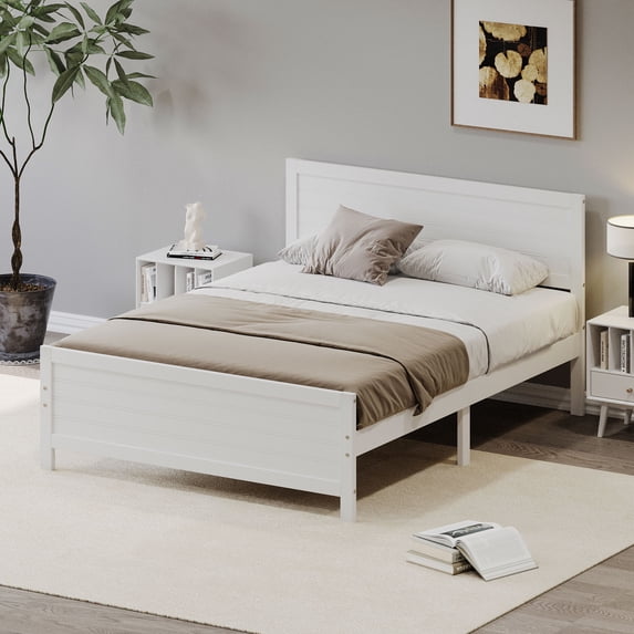Llinc Store Wood Platform Bed Frame with Headboard, Mattress Foundation with Wood Slat Support, No Box Spring Needed, King Size, White