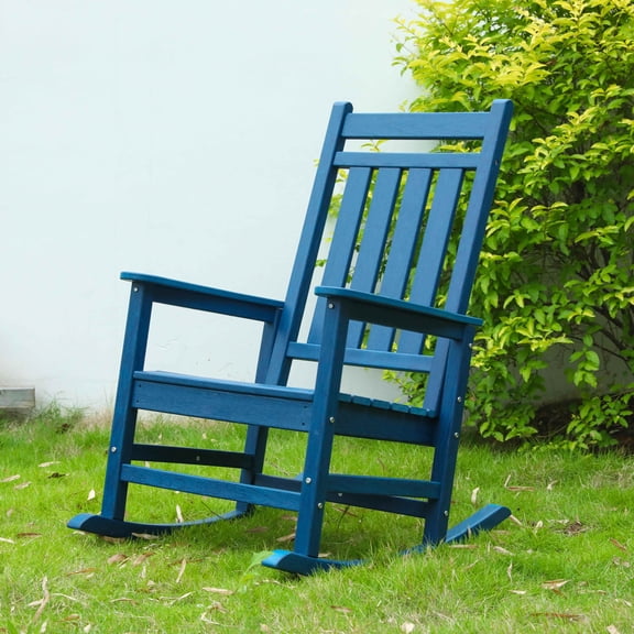 Llinc Store Wood-Texture Oversized Adirondack Rocking Chair, Outdoor Rocking Porch Chair for Adults, All Weather Resistant Porch Rocker for Lawn Garden, Navy Blue