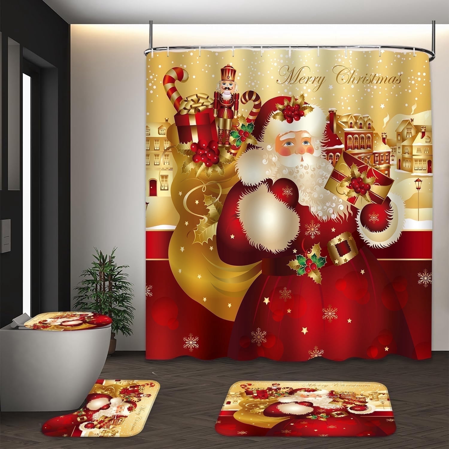 LVRLVR Christmas Print Shower Curtain, Toilet Cover & Mat, 70.8 x 70.8in, 4 Count