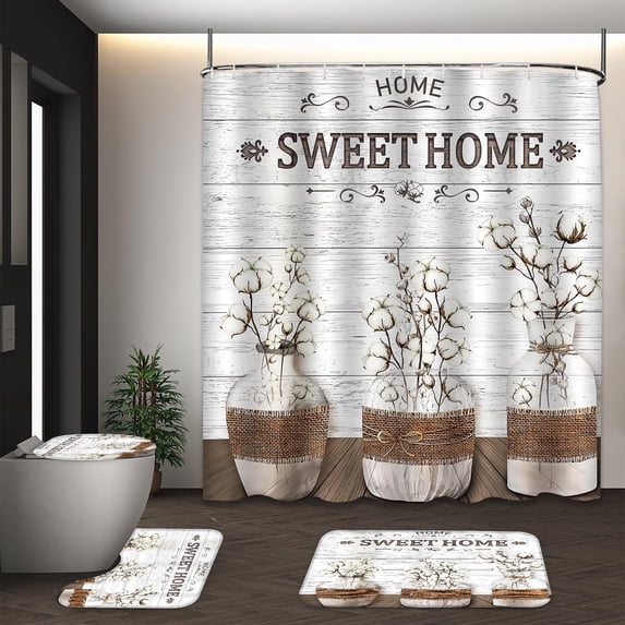 LVRLVR SWEET HOME Rustic Wooden Plank Vase Floral 4Pcs Bathroom Set, Polyester Shower Curtain & High Elastic Sponge Bath Mats with C-shaped Plastic Hooks, 70.8×70.8 Inch