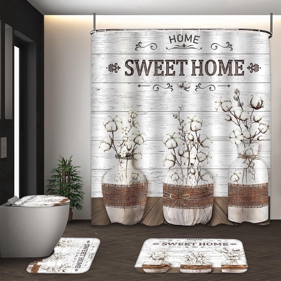 LVRLVR SWEET HOME Rustic Wooden Plank Vase Floral 4Pcs Bathroom Set, Polyester Shower Curtain & High Elastic Sponge Bath Mats with C-shaped Plastic Hooks, 70.8×70.8 Inch