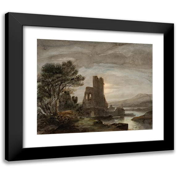 Lluís Rigalt 14x12 Black Modern Framed Museum Art Print Titled - Night Landscape with Ruined Monastery (circa 1850)