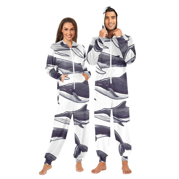 Llustrated Whales Pattern Adult onesie Pajamas, Crystal Velvet Ultra Soft Warm Jumpsuit for Men and Women