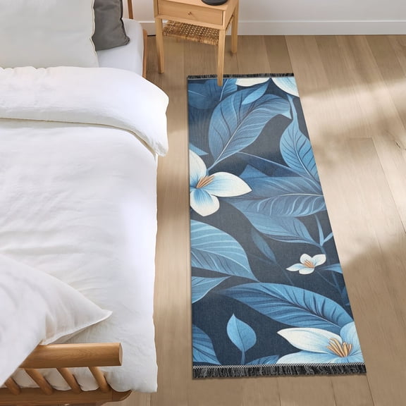 Llustration Of Blue Leaves and White Flowers Bedroom Runner Rug 2'x 6' Non Slip Carpet Indoor Home Area Rug Living Room