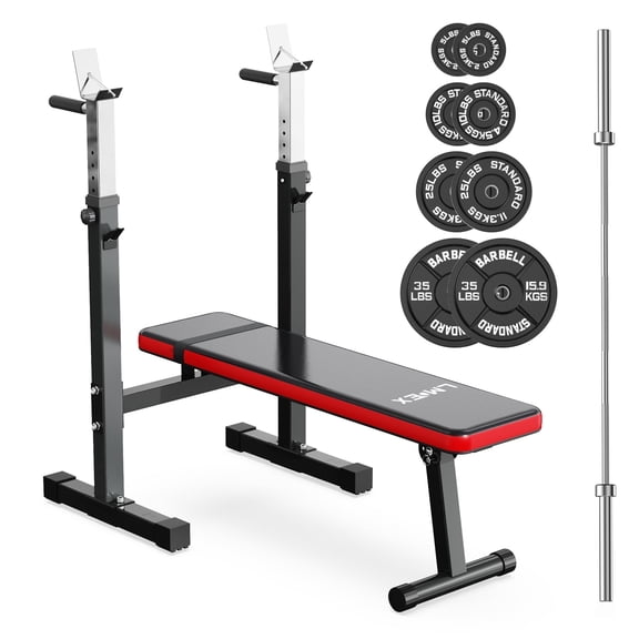 Lmdex Adjustable Weight Bench Press with Squat Rack & Folding Dip Station, Complete Home Gym Set with 150lbs Weight Plates and Curl Bar for Full Body Strength Training (Red)