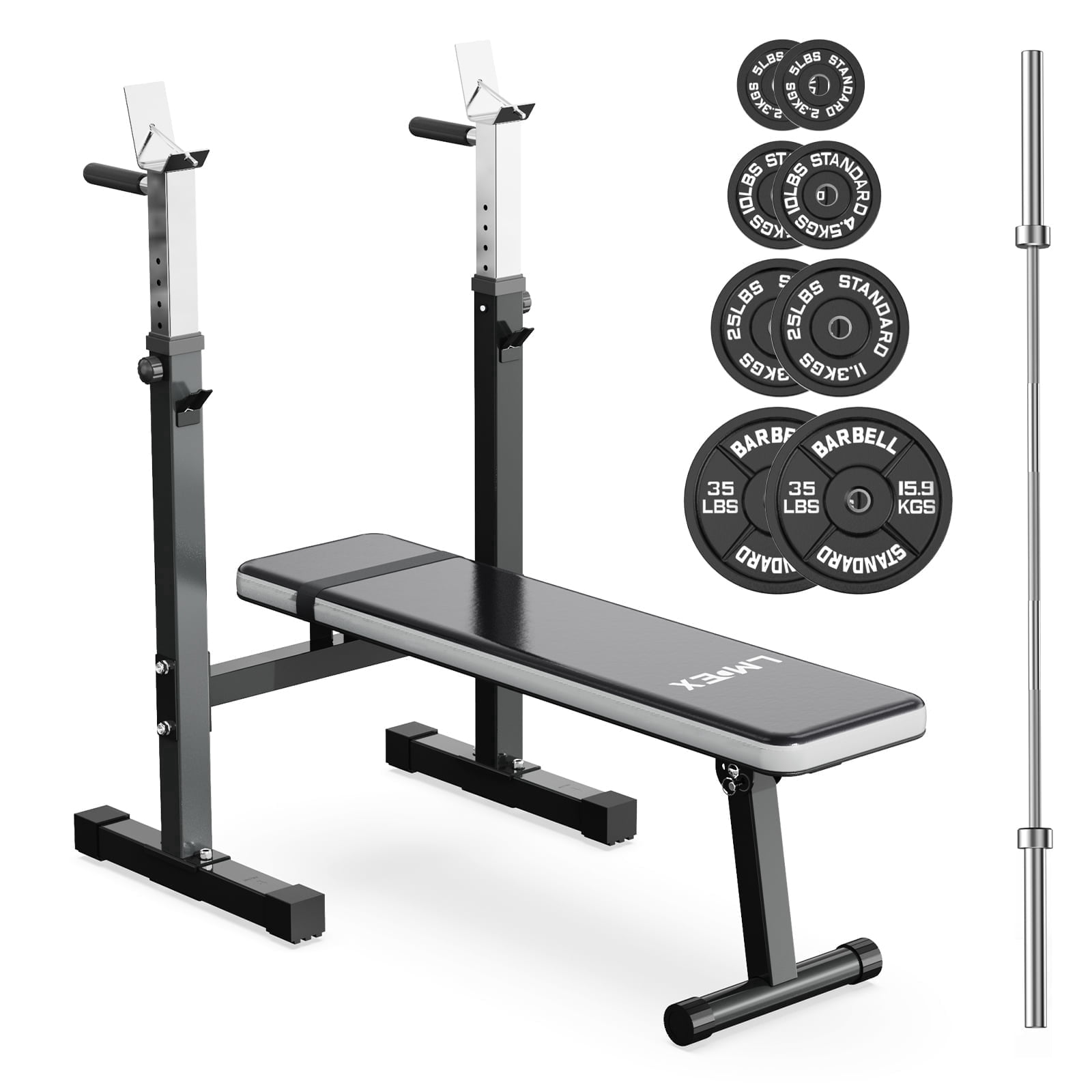 Lmdex Adjustable Weight Bench Press with Squat Rack & Folding Dip Station, Complete Home Gym Set with 150lbs Weight Plates and Olympic Curl Bar for Full Body Strength Training (Grey）